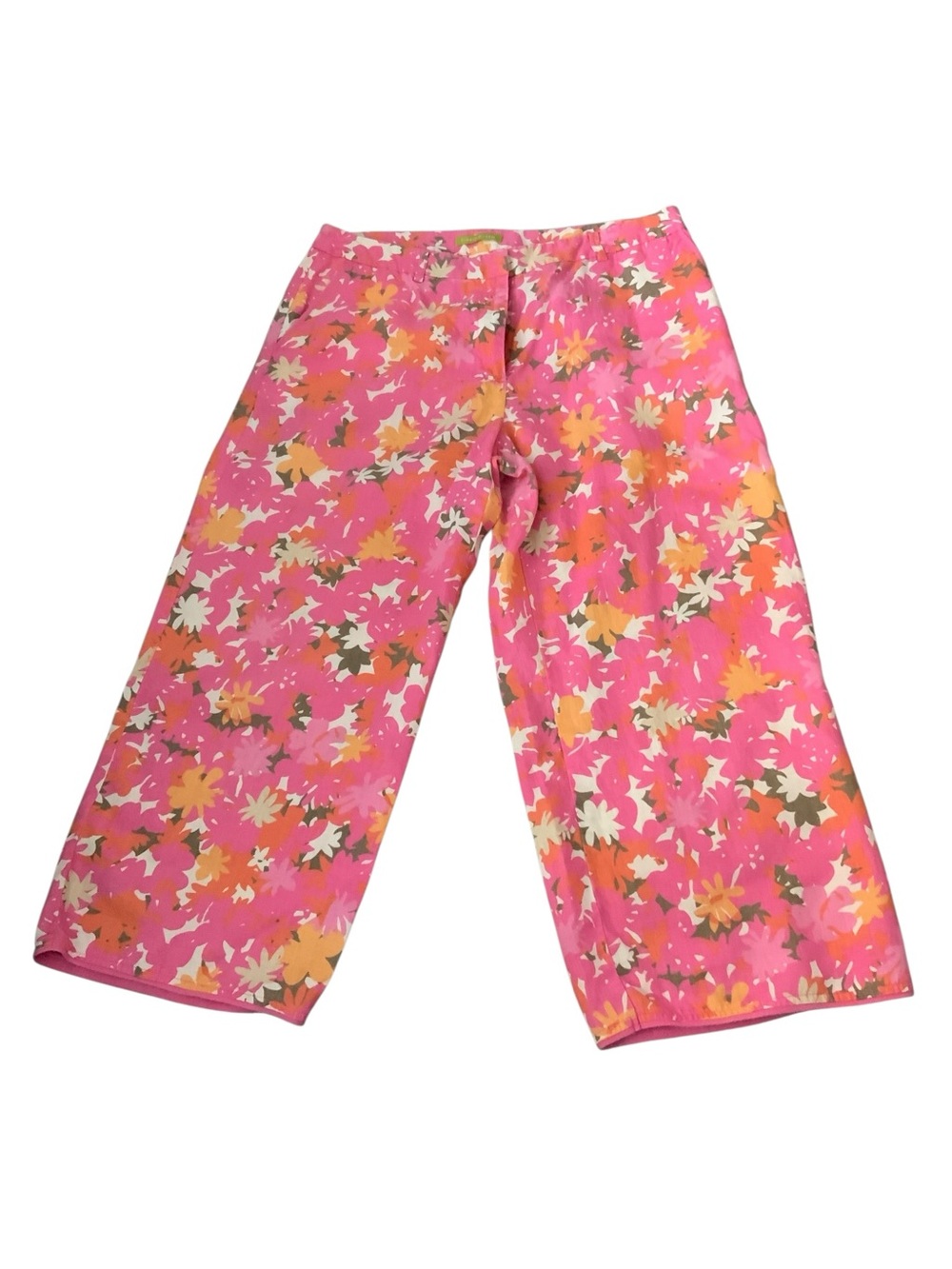100% Linen Sigrid Olsen Floral Wide Leg Cropped Pants Belted Womens SZ 14